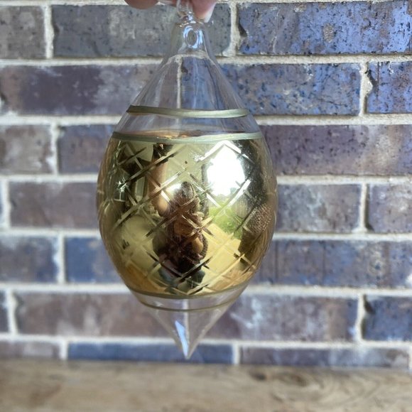 Gold Painted Clear Glass Christmas Ornament 7 Inch Long 3 Inch Wide SCRATCHED - Picture 3 of 9